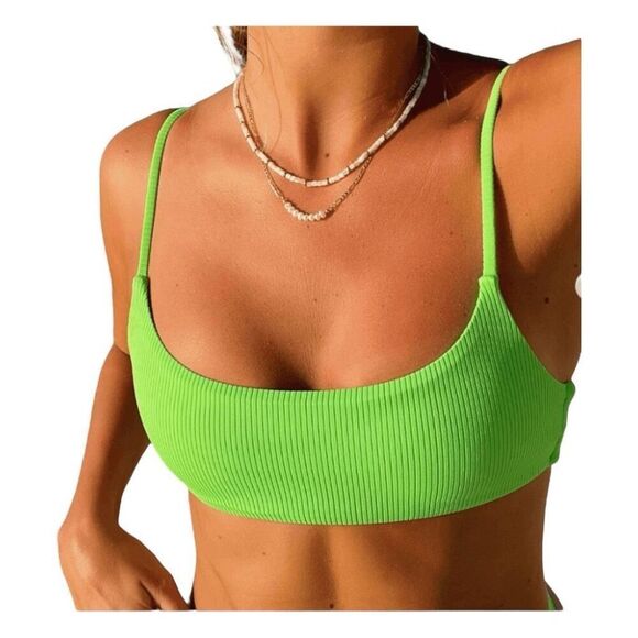 LA Hearts PacSun Summerland Binded Bikini Top Neon Green Ribbed Knit Pull-Over - Picture 1 of 7